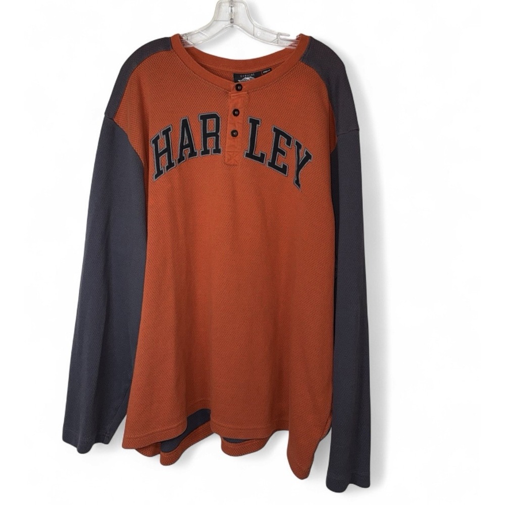 Harley Davidson Mens 3XL Orange Mesh Knit Henley Long Sleeve Shirt Motor Clothes